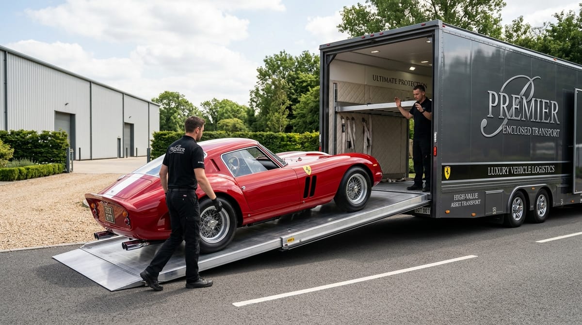 Classic vintage sports car loaded into enclosed carrier trailer