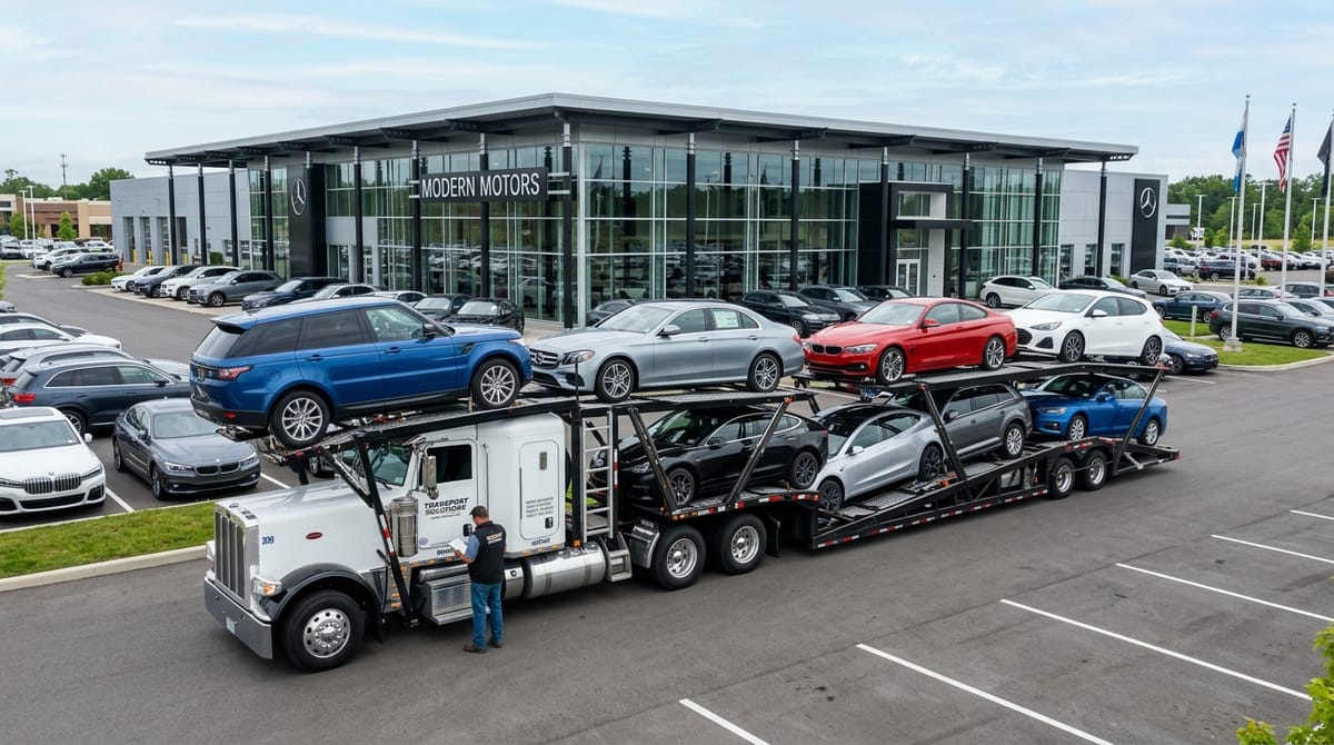 Commercial car transport hauler delivering new cars to dealership lot