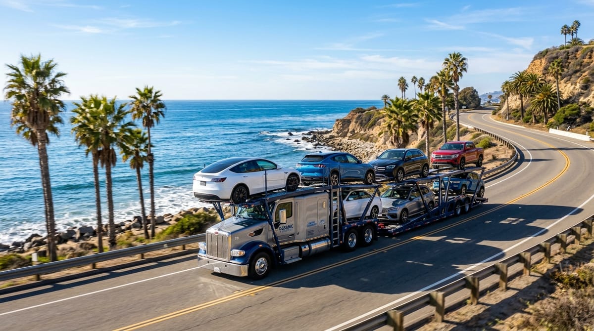 Car transport truck hauling snowbird vehicles to Florida