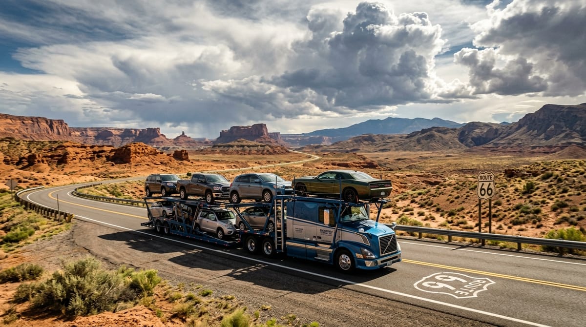 Cross country vehicle transport truck traveling through mountain interstate