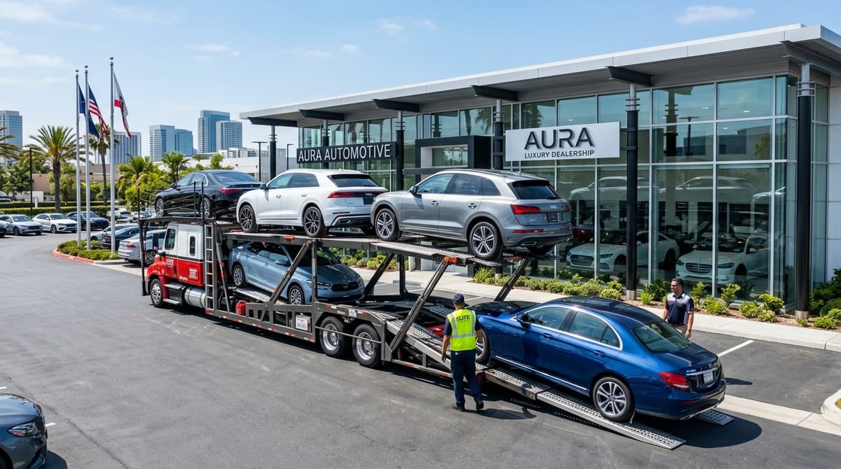 Commercial car carrier hauling new inventory to dealership showroom lot