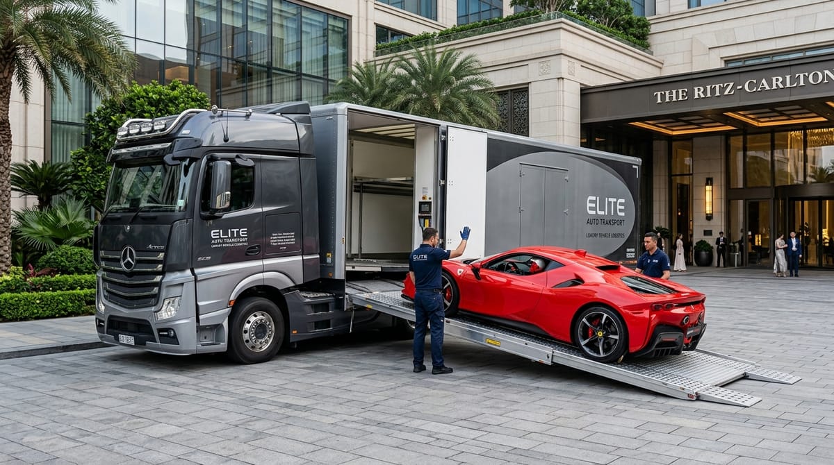 Enclosed car shipping trailer protecting exotic luxury vehicle