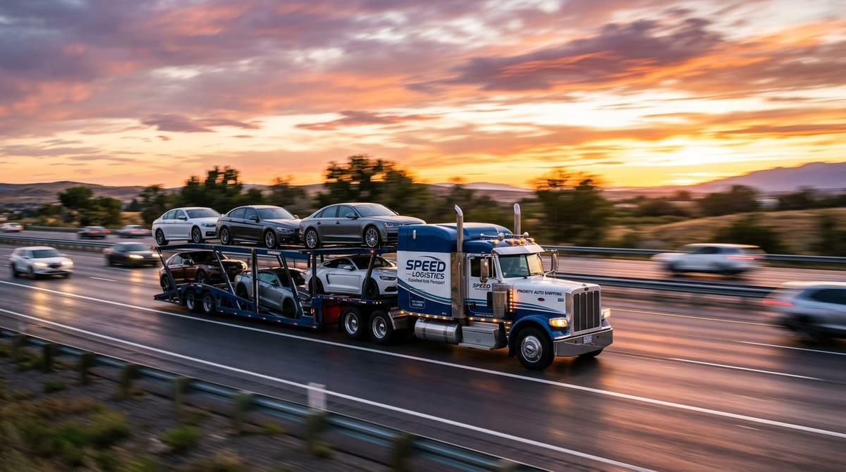 Expedited hotshot auto transport carrier driving on highway