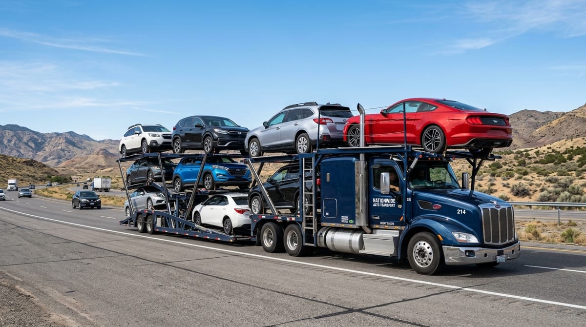 Open auto transport trailer carrying cars on interstate highway